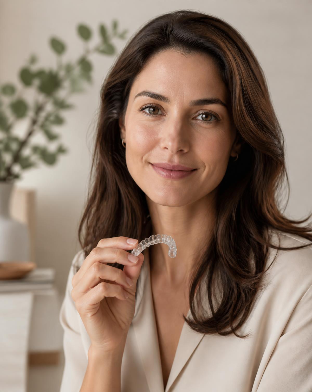 A woman holding a clear aligner tray