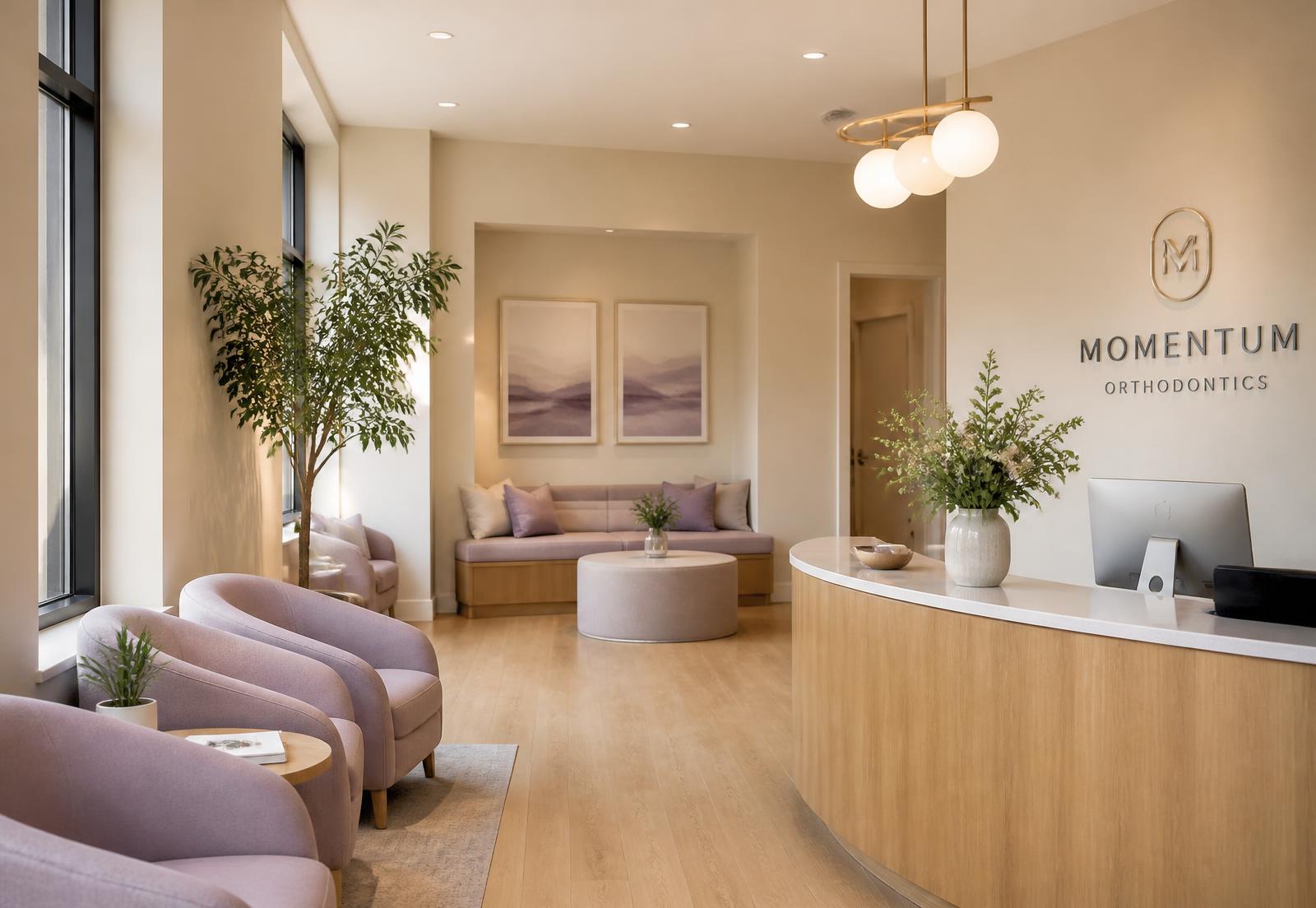 The warm, light-filled reception of a Family Braces clinic